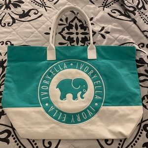 Ivory Ella Tote Bag TEAL and white